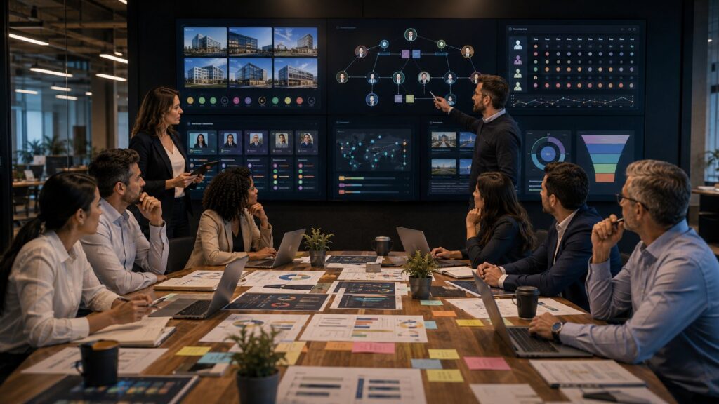 Equipe de marketing e vendas planejando uma estratégia de ABM para contas B2B-->