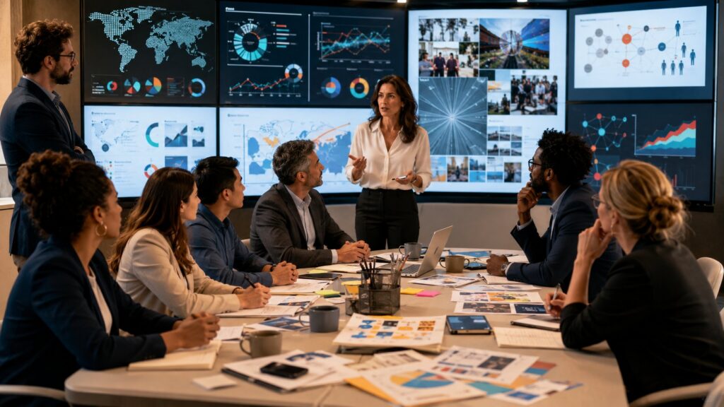 Equipe de uma agência de relações públicas planejando reputação e comunicação corporativa-->