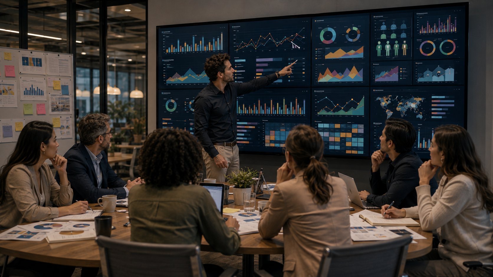 Analista de marketing apresentando indicadores, aprendizados e recomendações para uma equipe