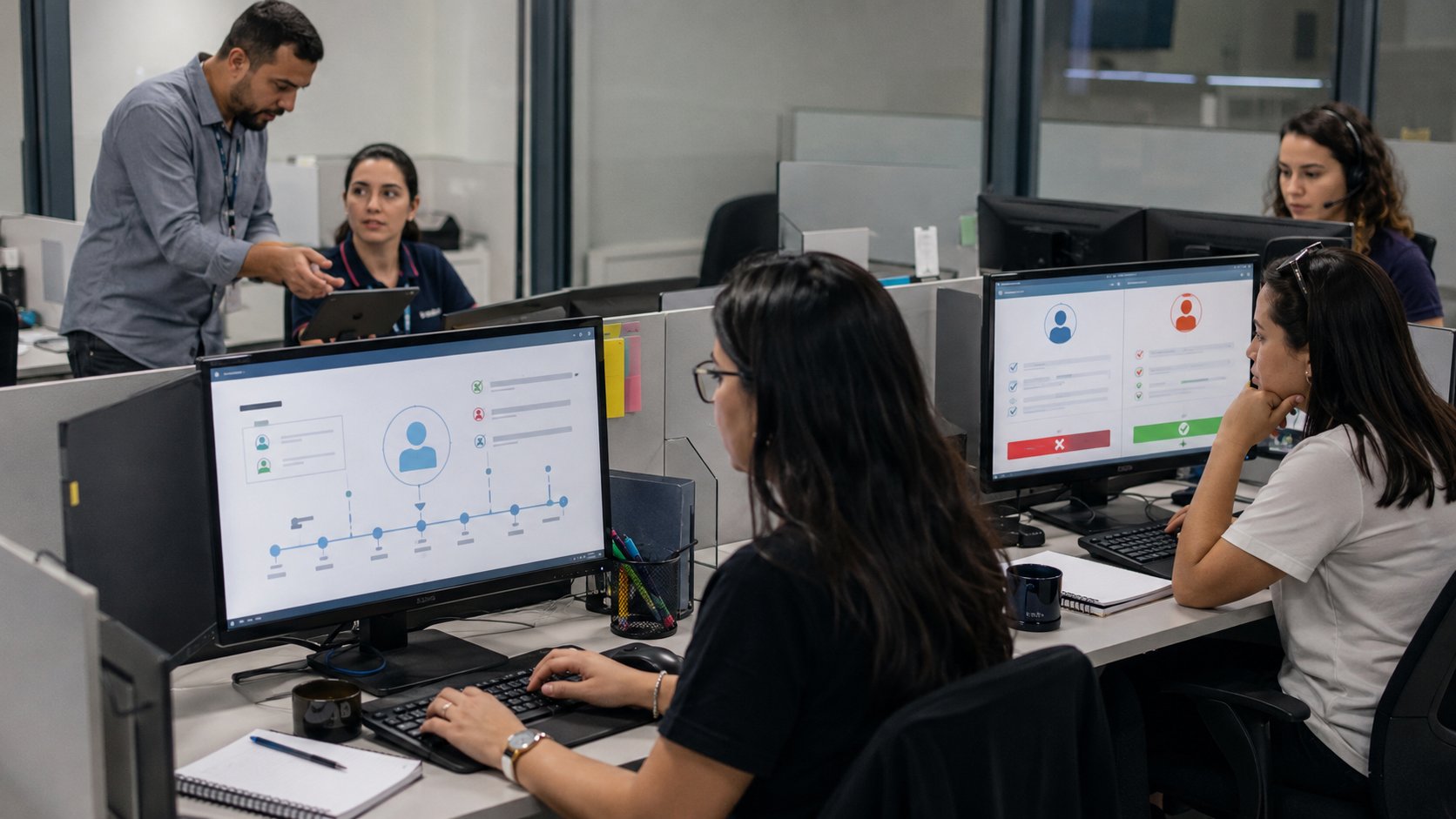 Analista reunindo compras, formulários, e-mails e atendimentos no perfil de um cliente