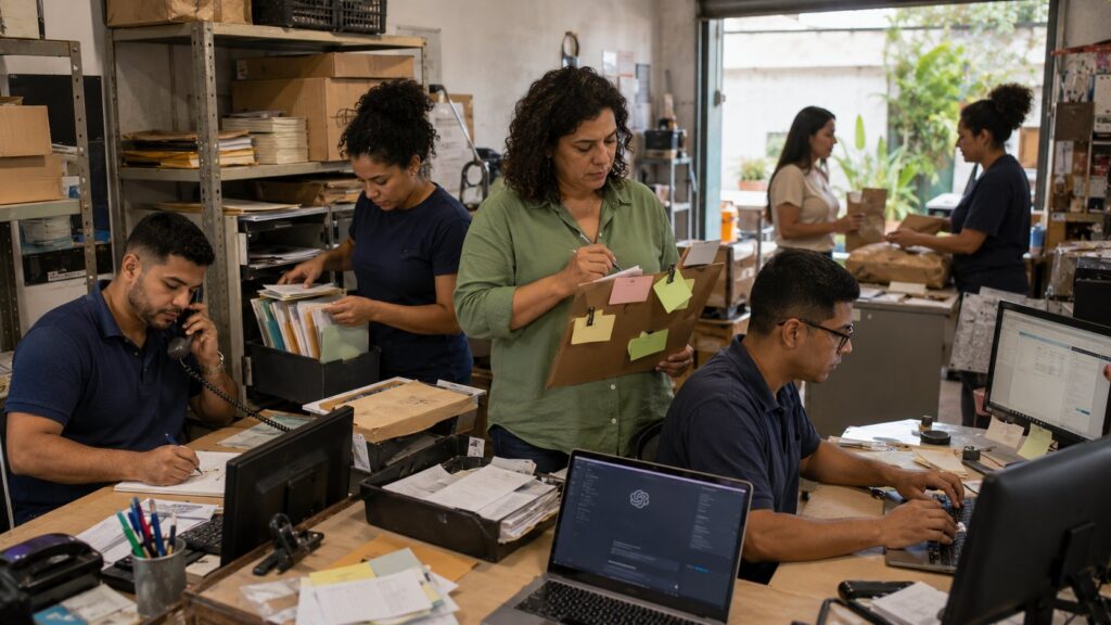 Equipe de pequena empresa analisando um processo antes de automatizá-lo-->