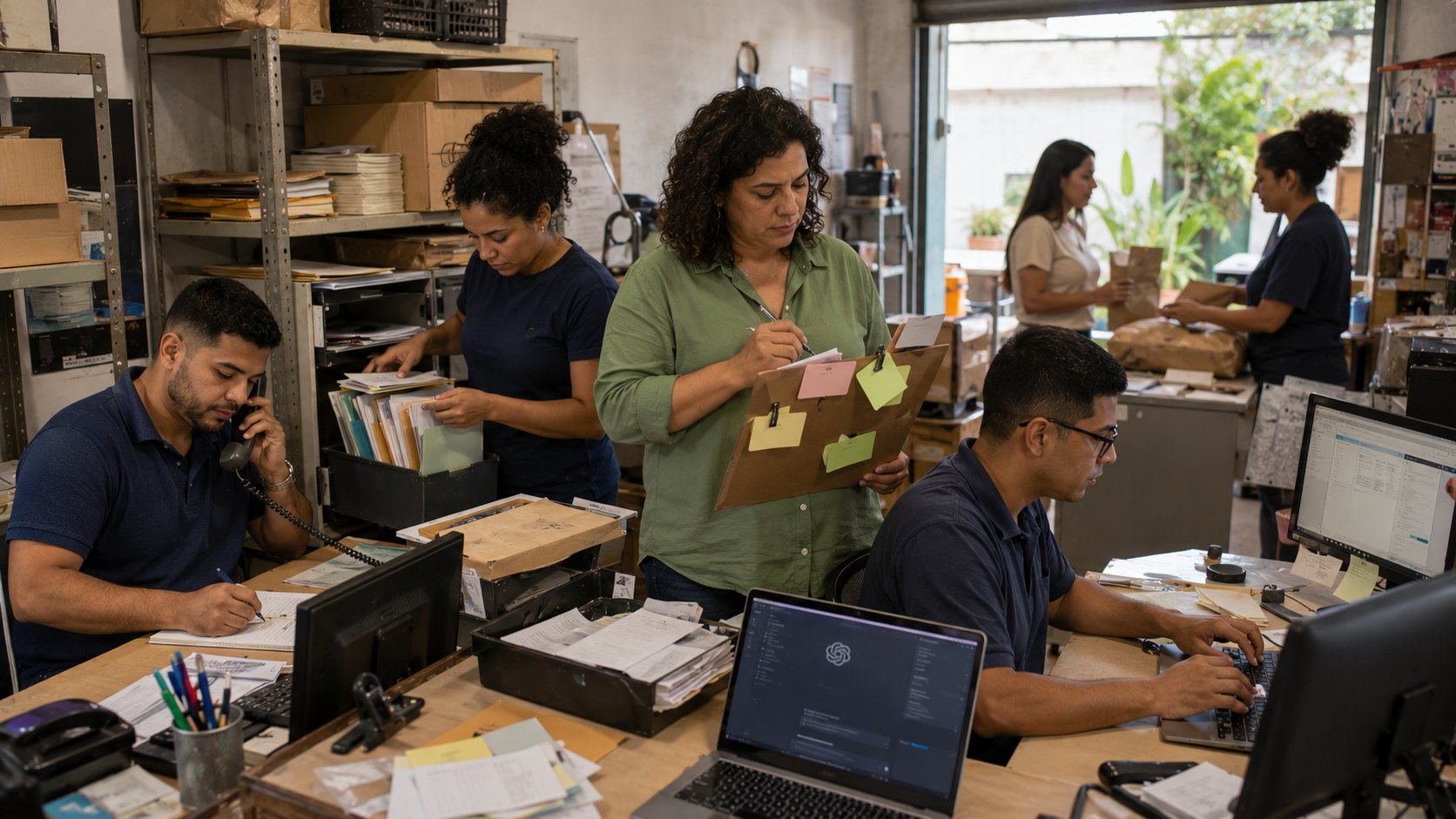Equipe de pequena empresa analisando um processo antes de automatizá-lo