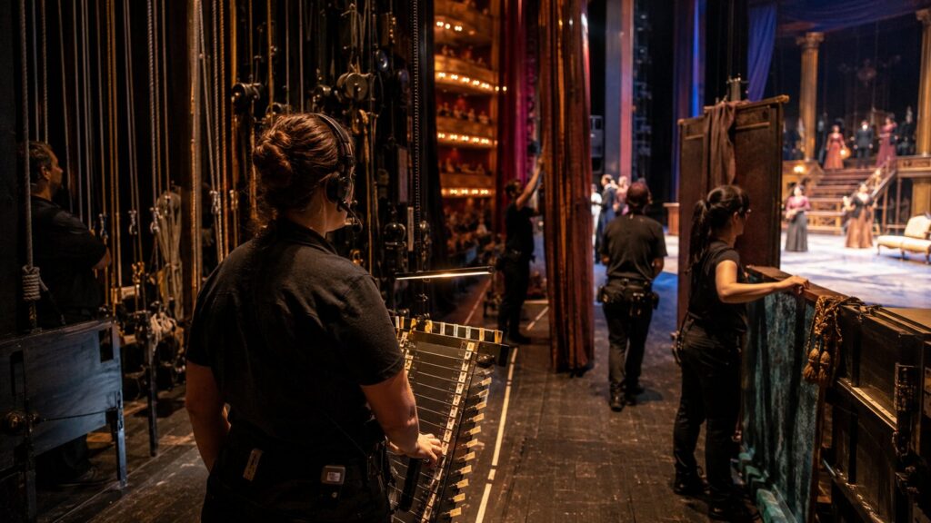 Bastidores de teatro representando a coordenação de uma jornada de automação de marketing-->