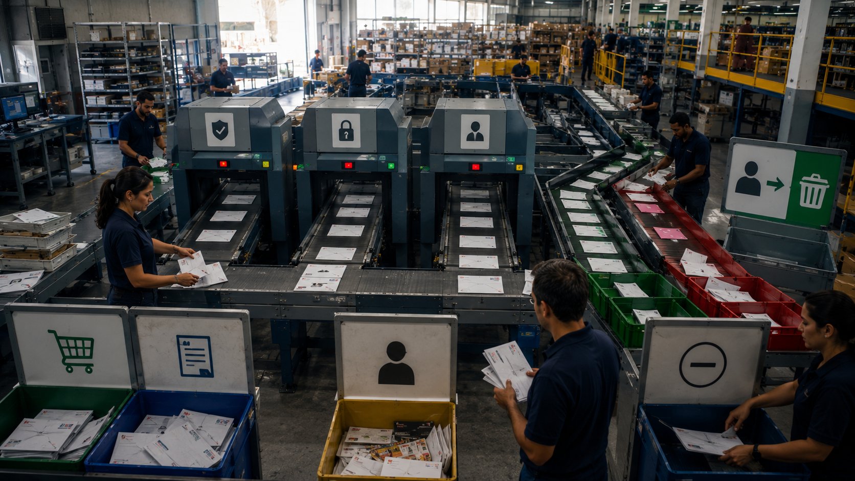 Centro de distribuição de mensagens representando SPF, DKIM e DMARC na entregabilidade de e-mails