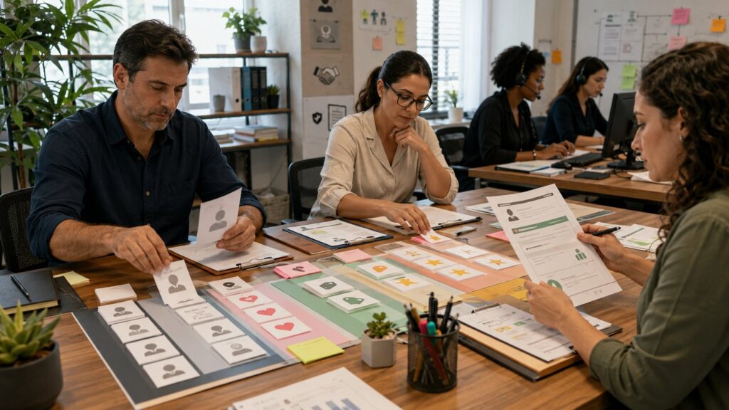 Equipe planejando um chatbot para WhatsApp com automação e atendimento humano-->