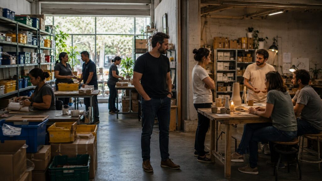 Artesã calculando o preço de um produto artesanal dentro de seu ateliê-->