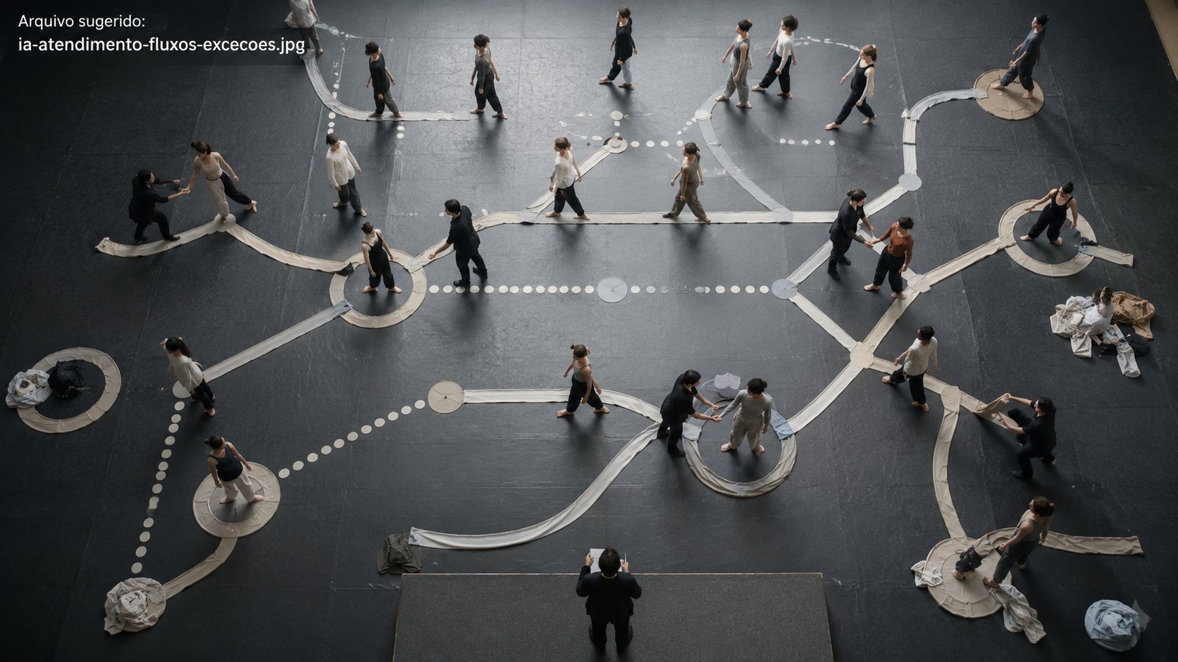 Coreografia vista de cima representando fluxos, exceções e transferência humana no atendimento com IA
