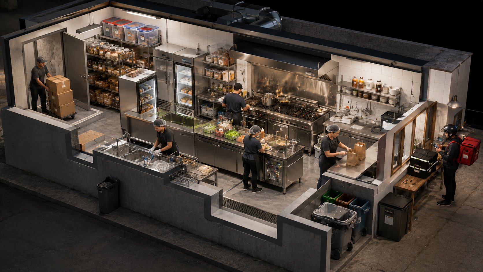 Corte arquitetônico de uma cozinha compacta mostrando estoque, preparo, expedição e descarte