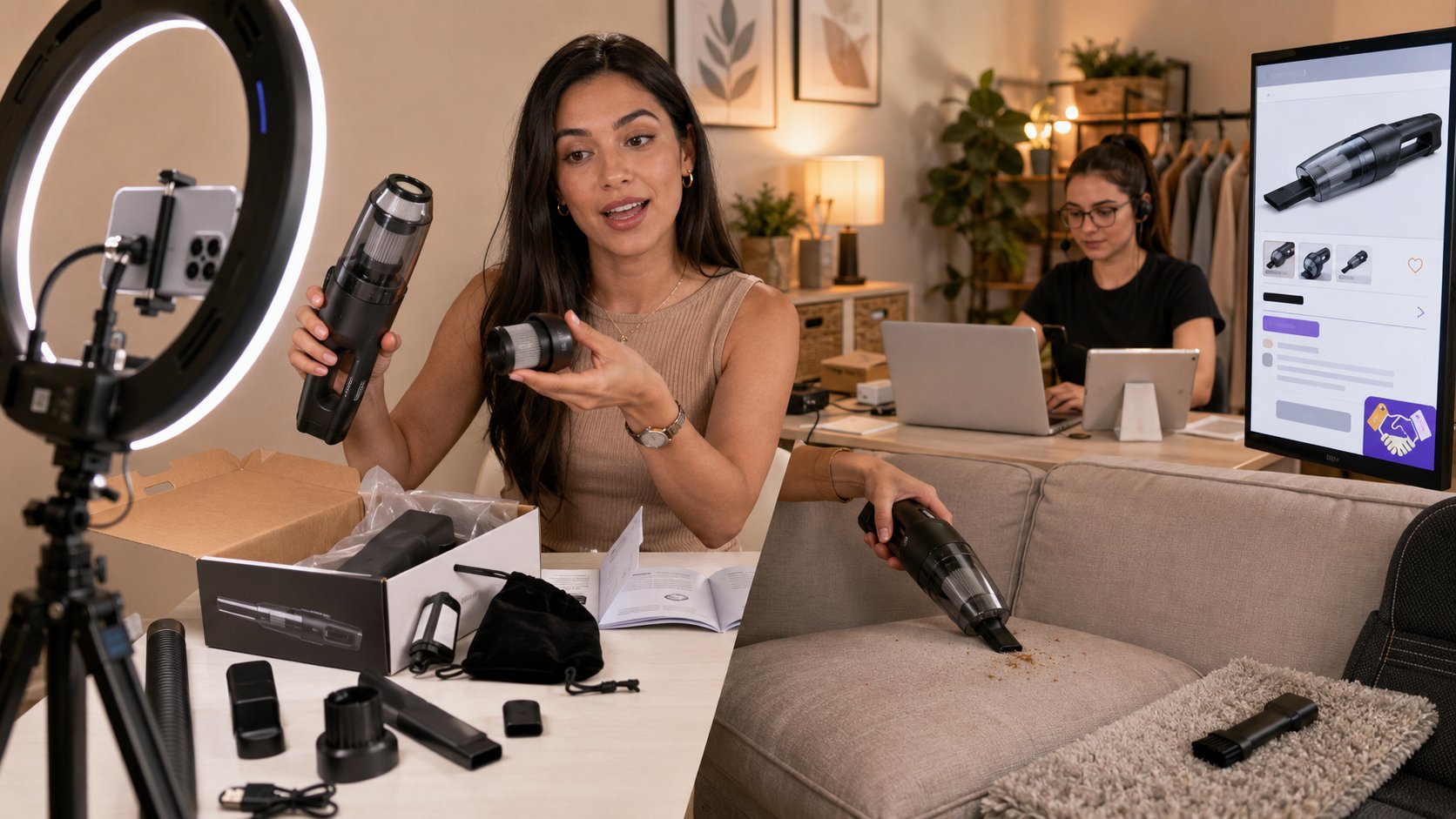 Criadora demonstrando um produto em uma live do TikTok Shop com identificação comercial