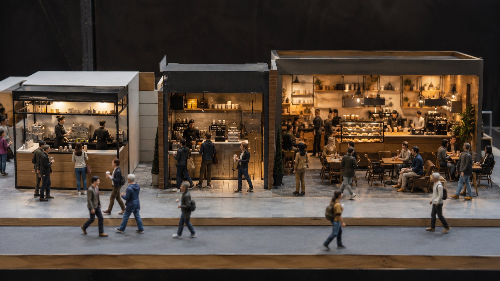 Diorama comparando quiosque, cafeteria compacta e loja de café com salão