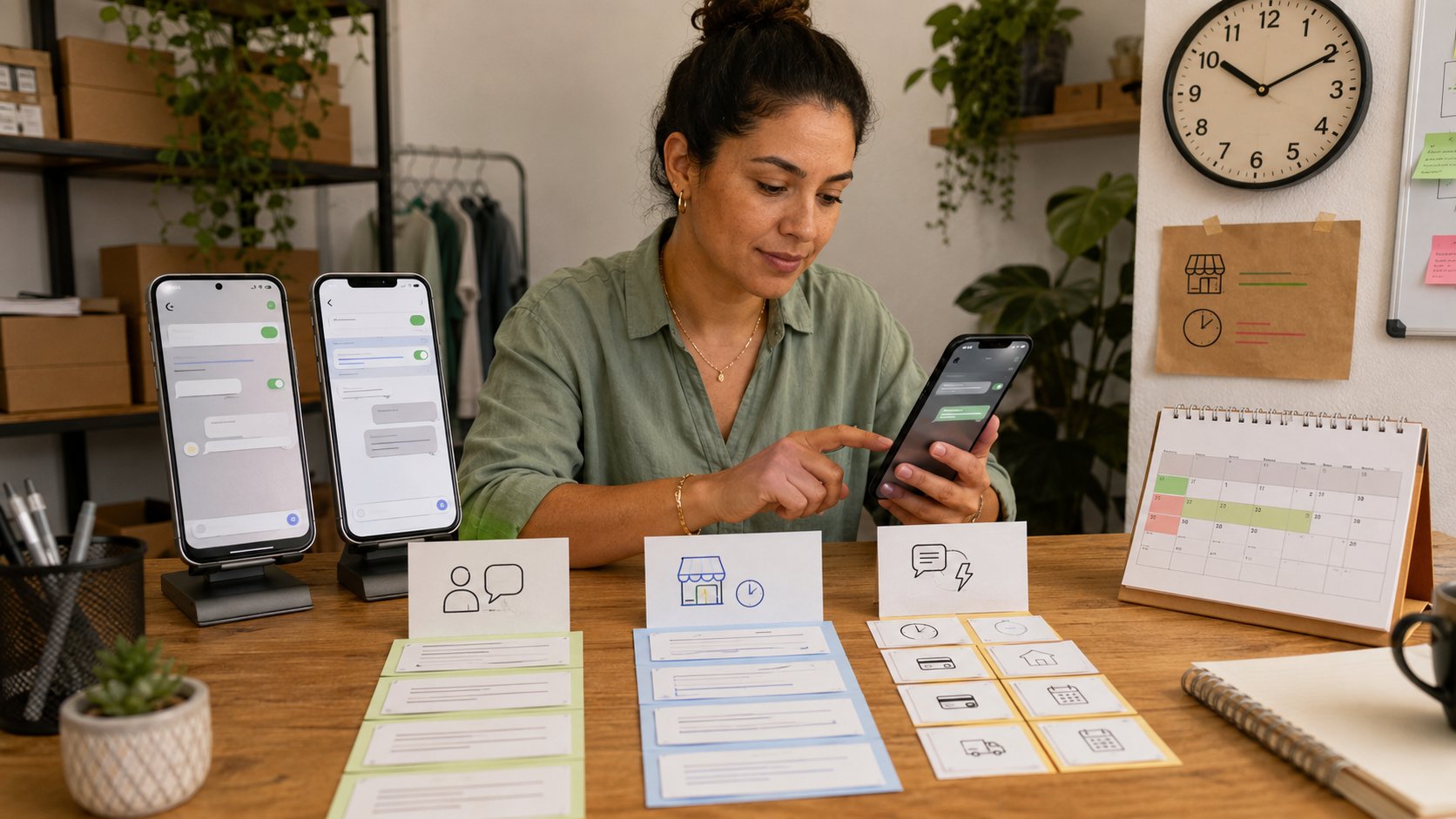 Empreendedora configurando mensagem de saudação e ausência no WhatsApp Business