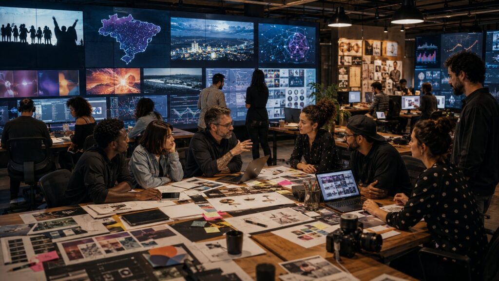 Equipe internacional de empresas de publicidade desenvolvendo uma campanha criativa-->