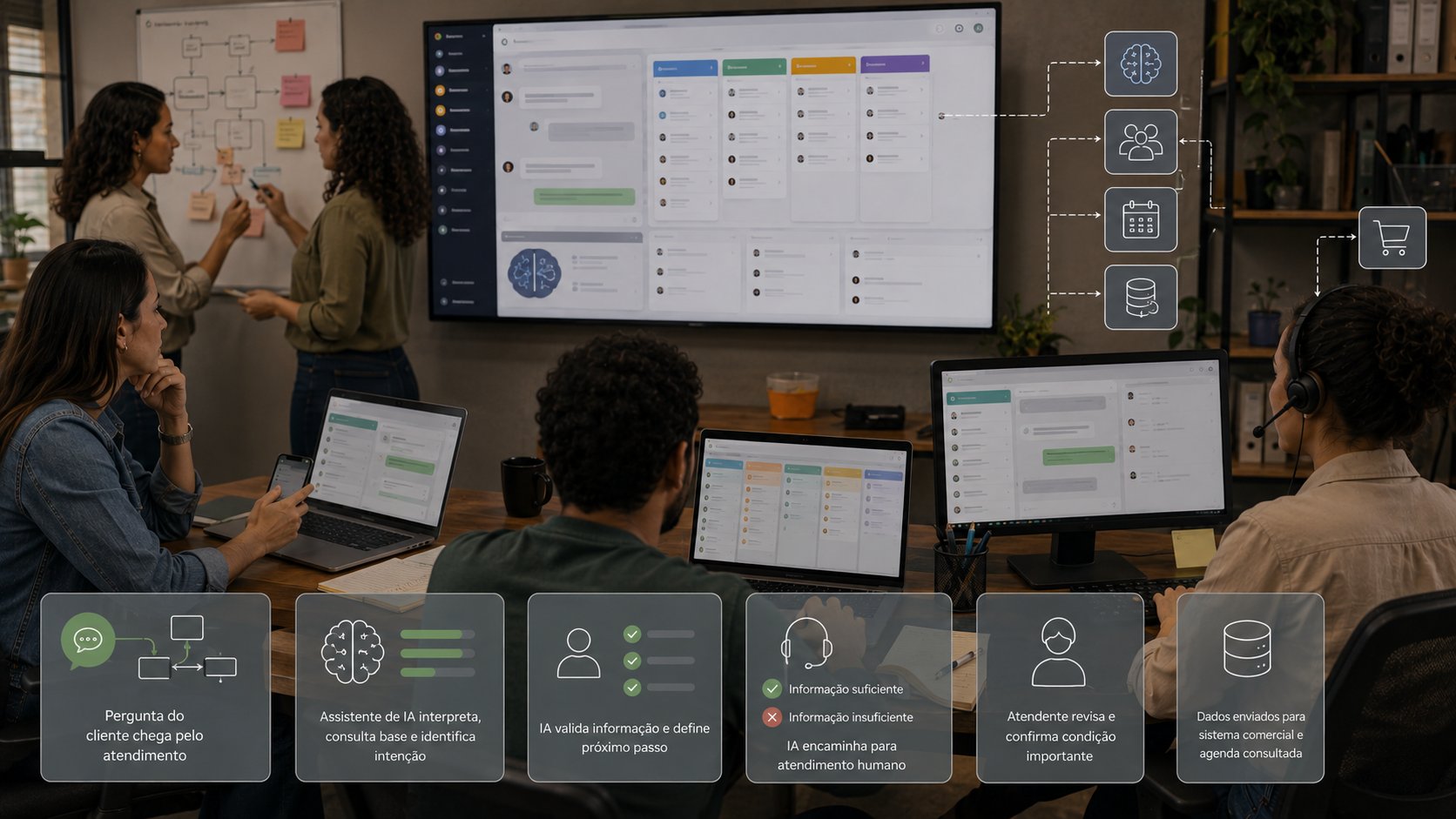 Equipe acompanhando assistente de IA, CRM e integrações do BotConversa