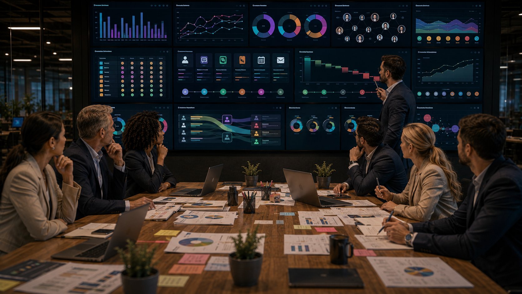 Equipe analisando engajamento, pipeline, receita e ROI de ABM marketing