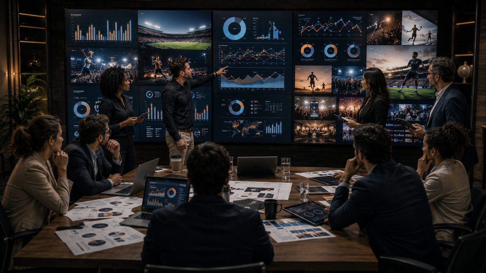 Equipe analisando métricas e retorno sobre investimento de marketing esportivo