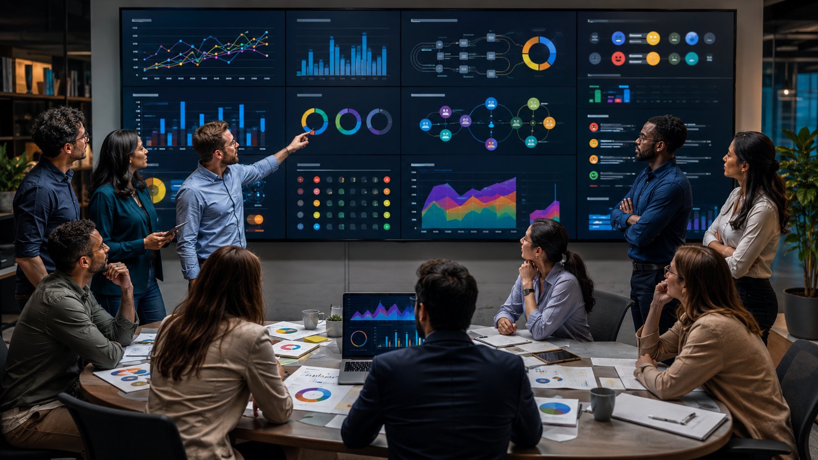 Equipe analisando métricas, experimentos e ROI de growth marketing
