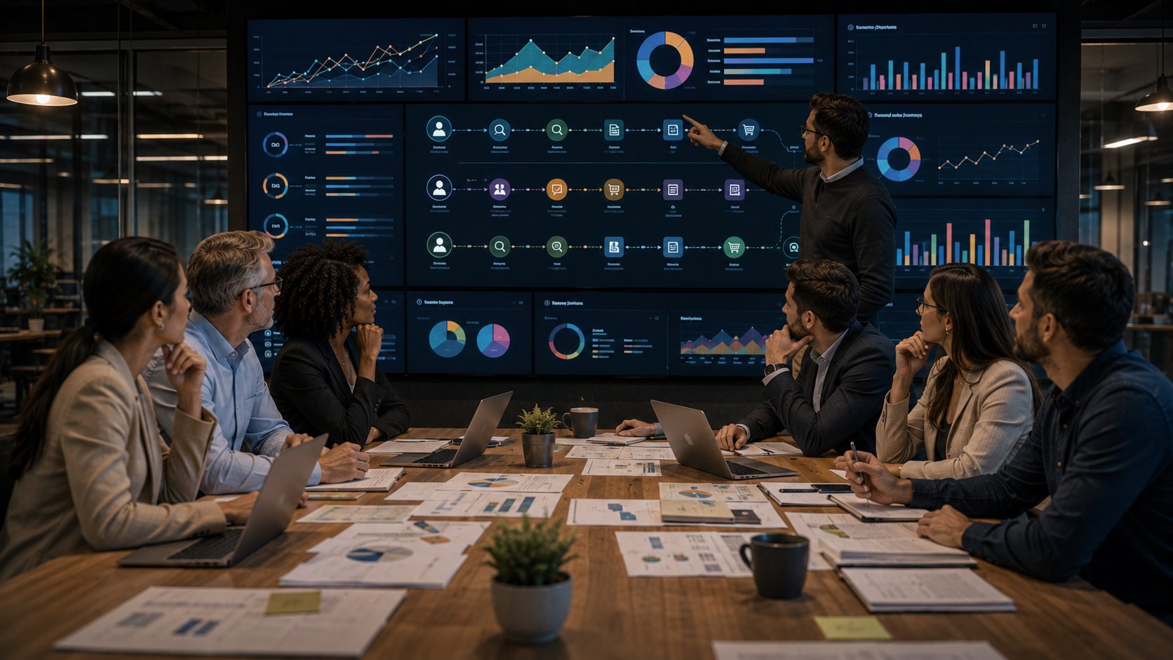 Equipe analisando tráfego, citações, conversões e receita de SEO e GEO