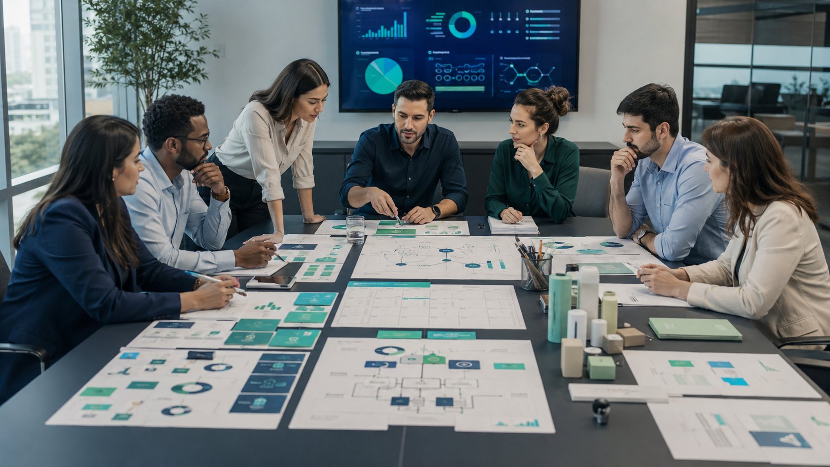 Equipe aplicando os 8 Ps do marketing em um planejamento estratégico