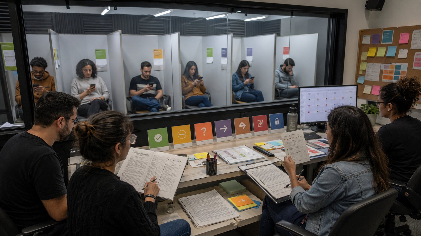 Equipe auditando respostas, erros e transferências de uma IA para WhatsApp