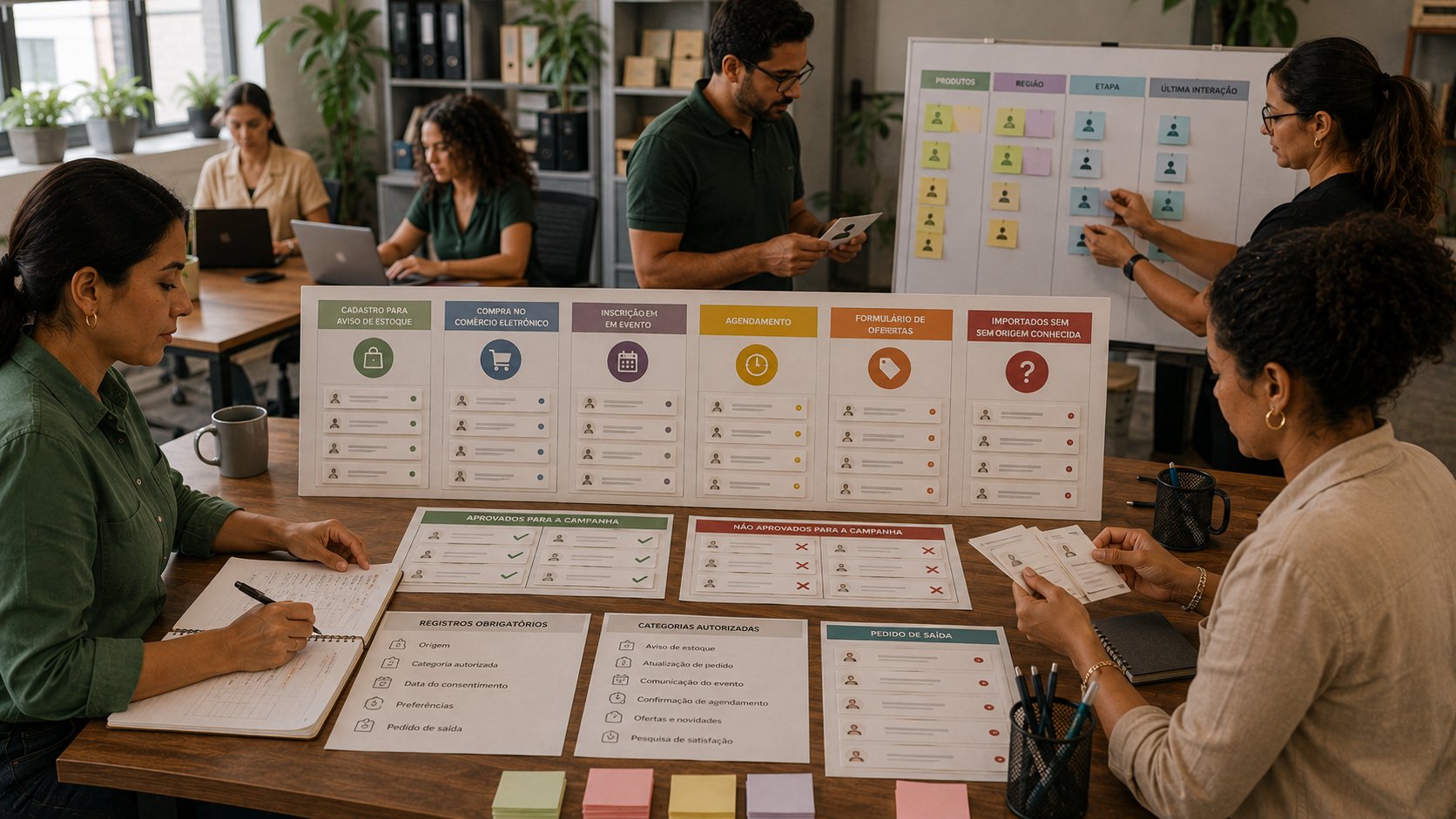 Equipe comparando chatbot com menu, palavras-chave, condições e inteligência artificial