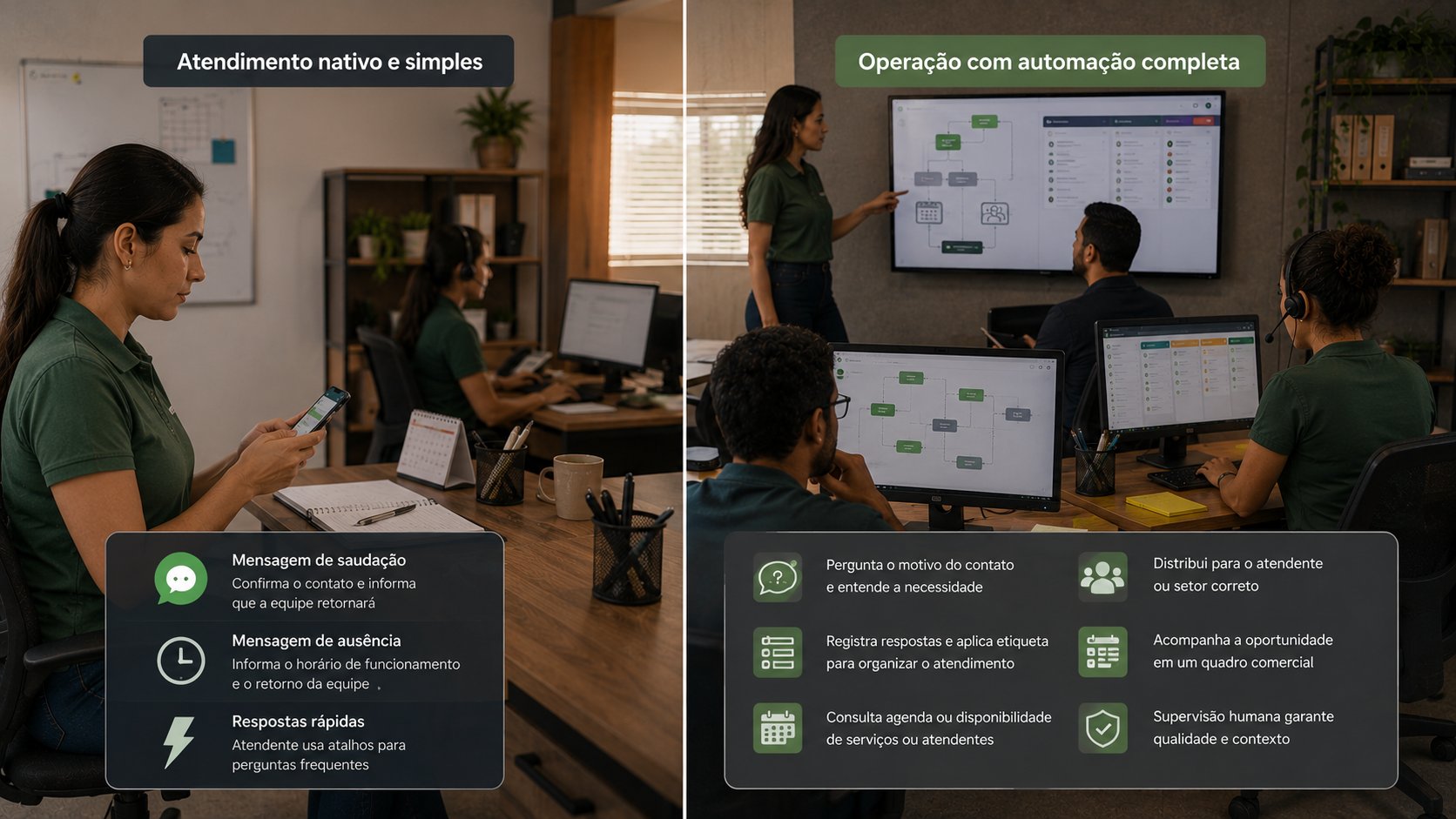Equipe comparando mensagens nativas do WhatsApp Business com um fluxo completo no BotConversa