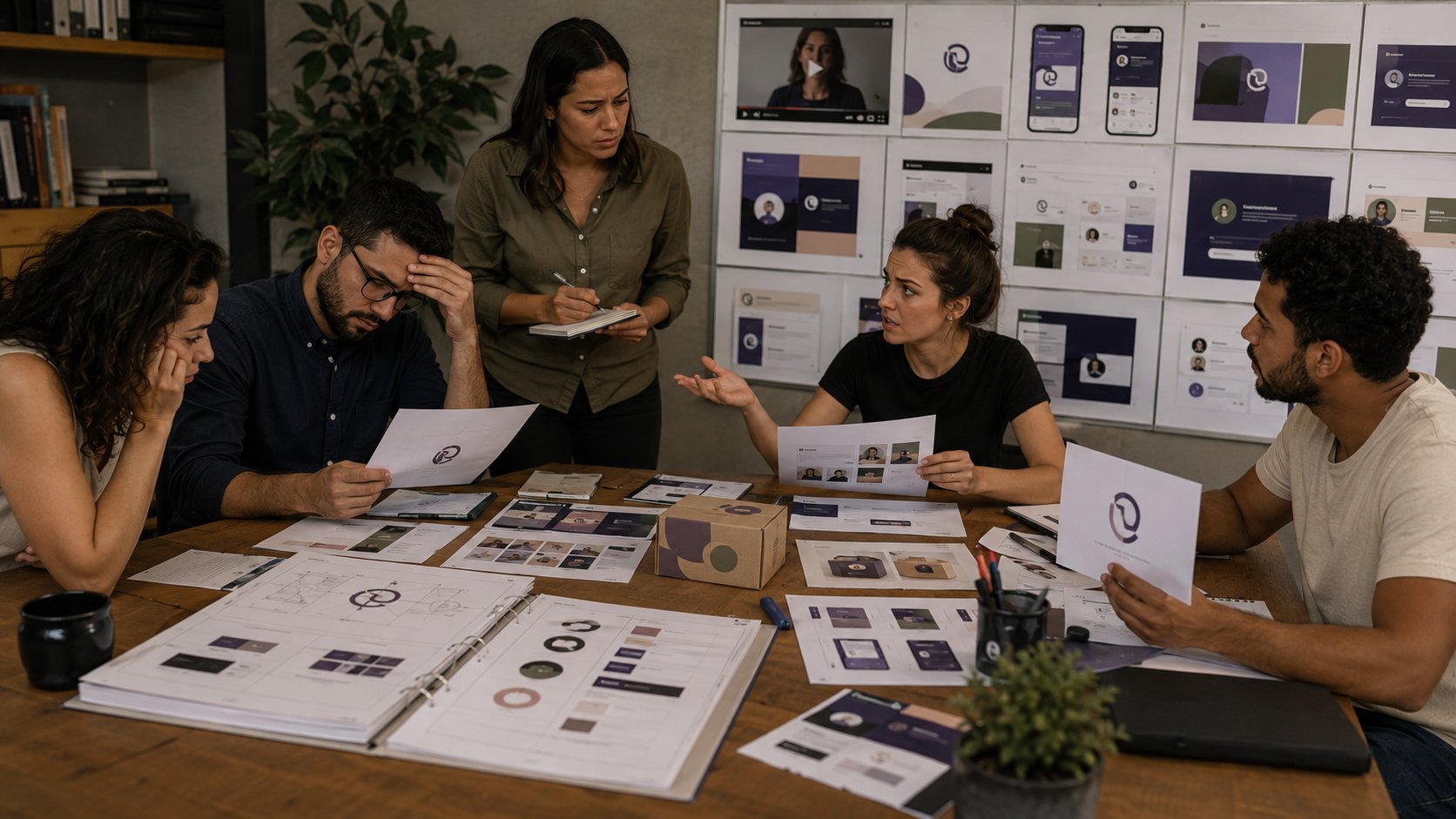 Equipe comparando um manual de marca desatualizado com necessidades reais de comunicação