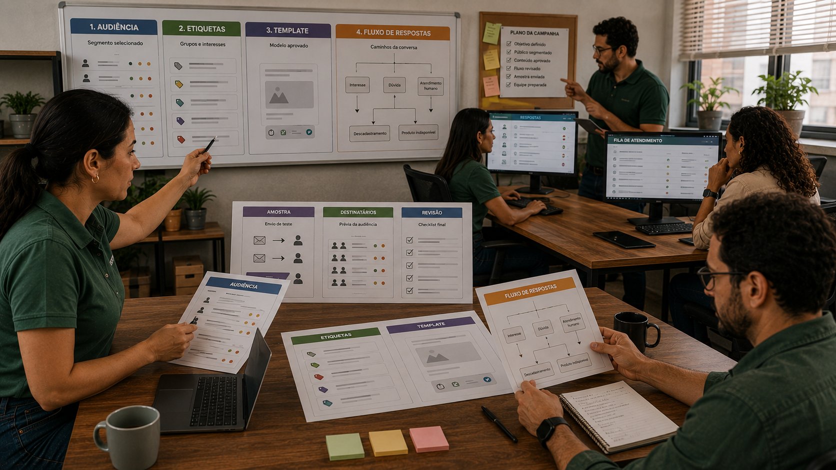 Equipe configurando um chatbot com inteligência artificial e transferência para atendimento humano