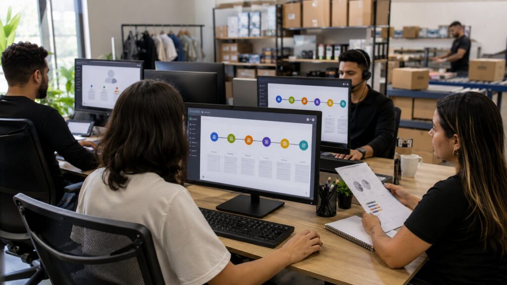 Equipe de marketing utilizando CRM para reunir histórico de compras, campanhas e atendimento