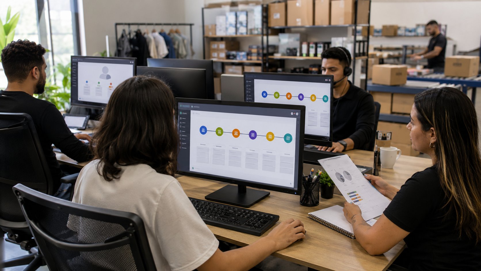 Equipe de marketing utilizando CRM para reunir histórico de compras, campanhas e atendimento