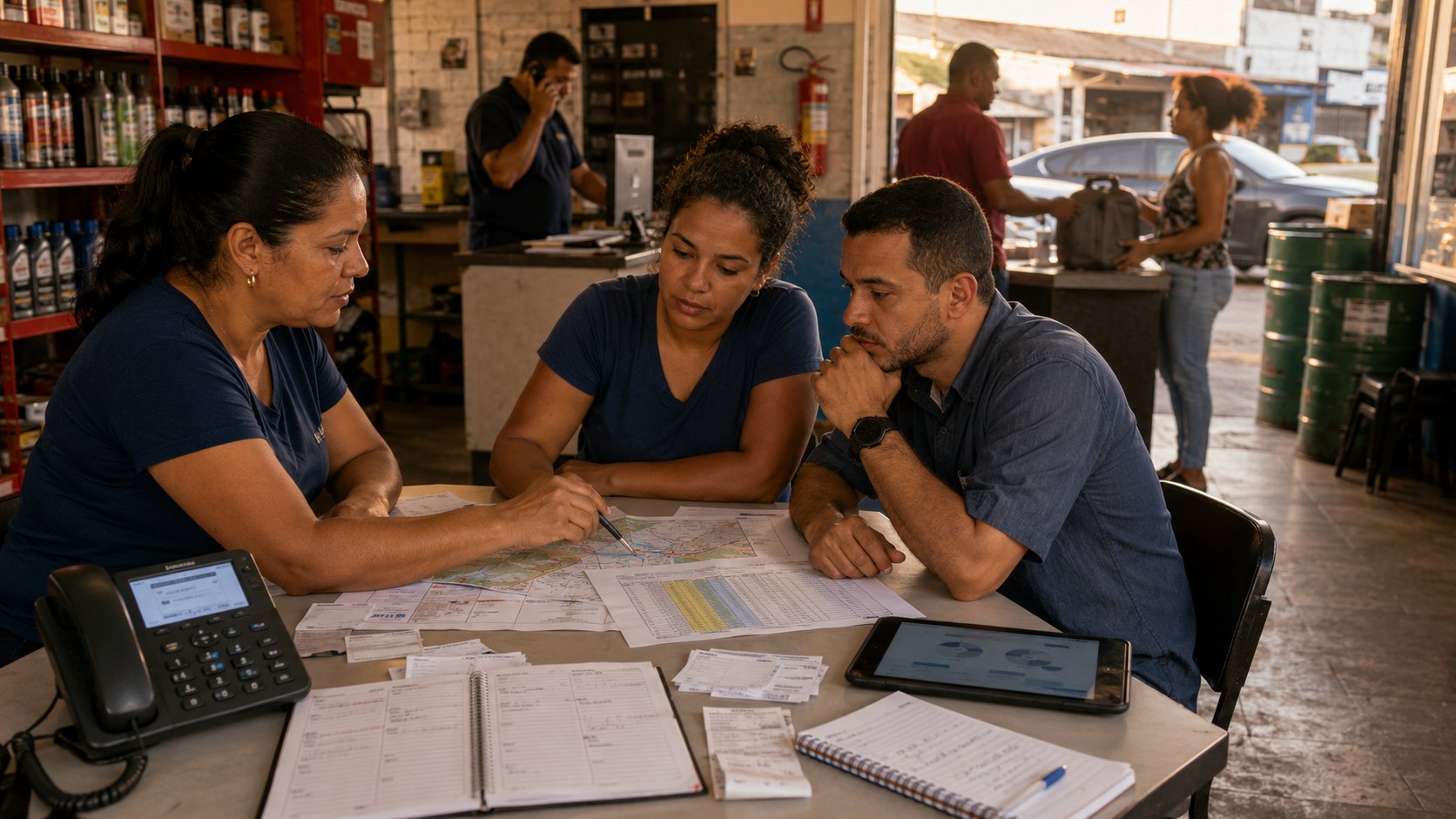 Equipe de pequena empresa relacionando interações do perfil a ligações, visitas e vendas