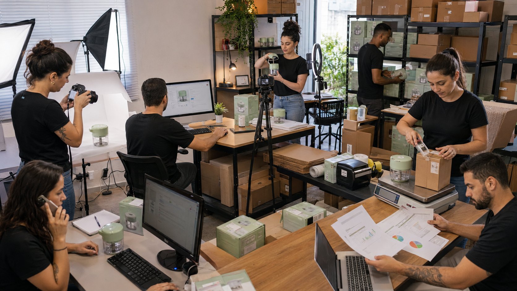 Equipe gerenciando catálogo, estoque, pedidos, embalagem e conteúdo do TikTok Shop