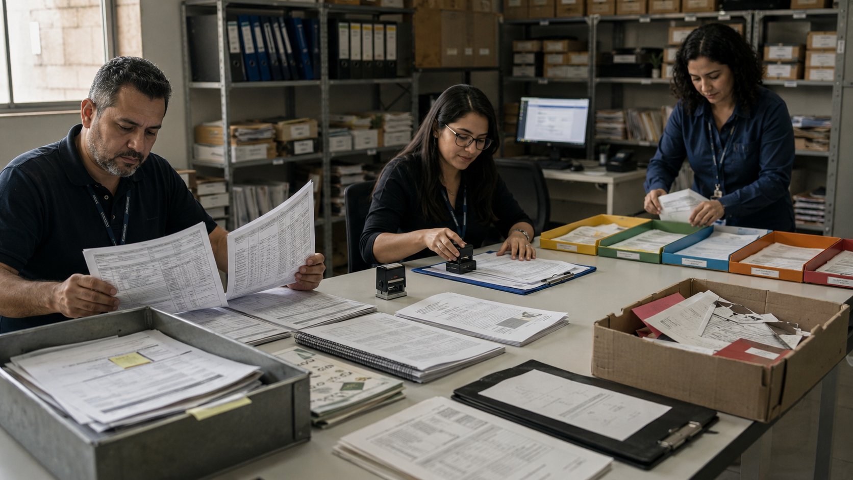 Equipe organizando documentos confiáveis para a base de conhecimento da IA para WhatsApp