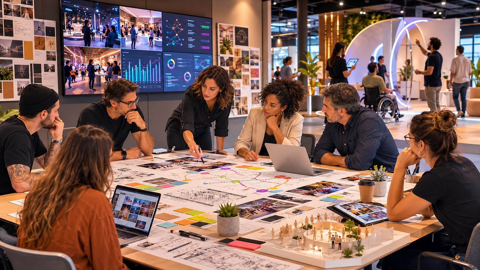 Equipe planejando jornada, operação e métricas de uma ação de marketing de experiência