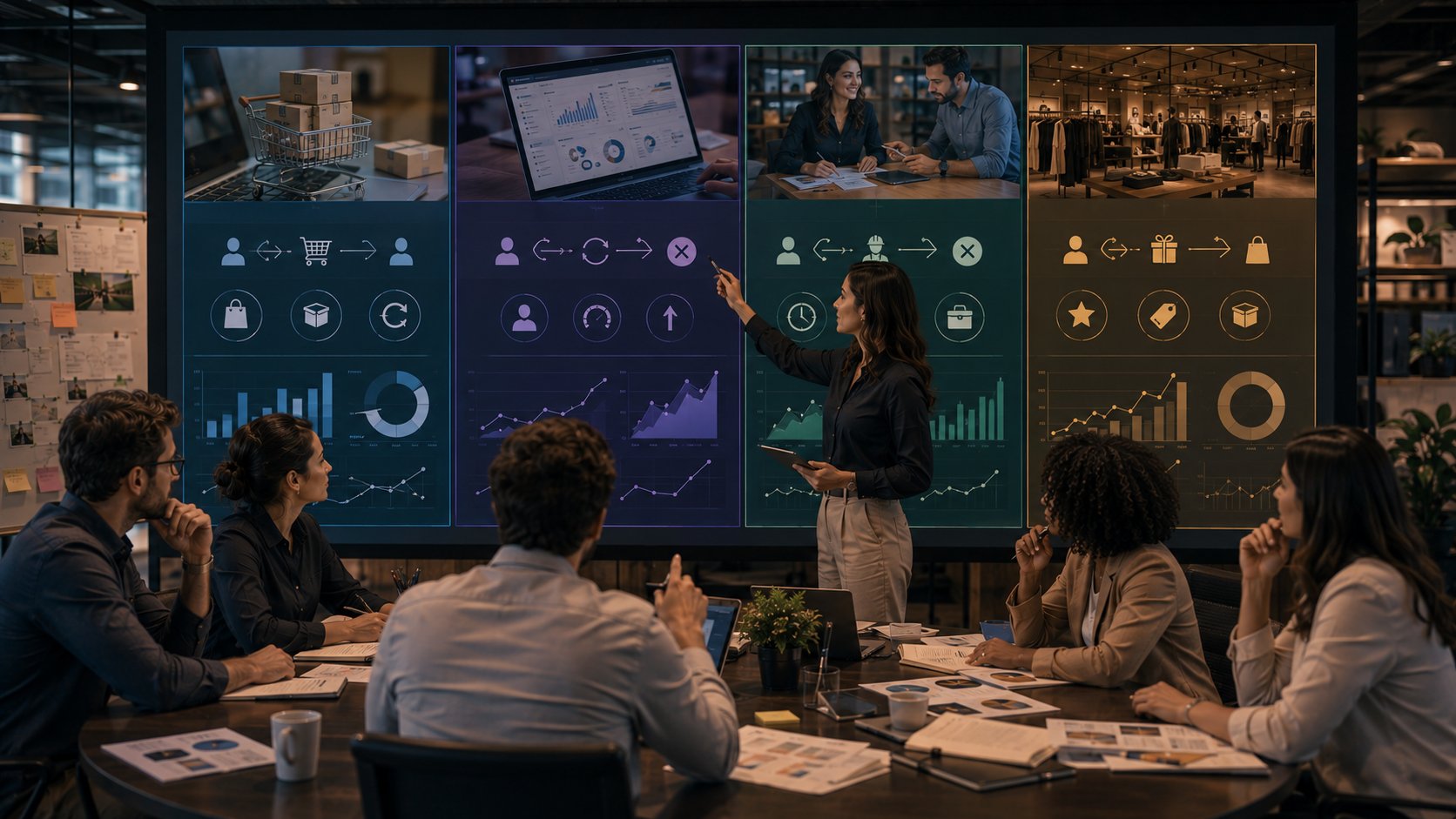 Equipe realizando diagnóstico de mercado, clientes, concorrentes e capacidades internas