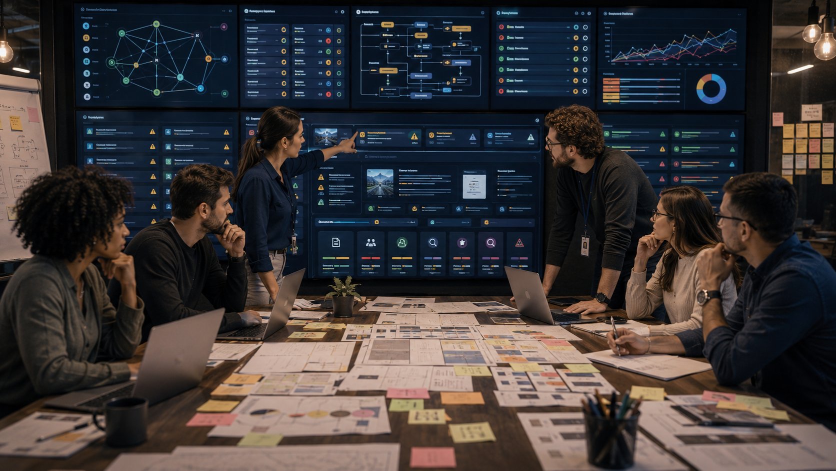 Equipe realizando uma auditoria de SEO e GEO em conteúdo, técnica, entidades e respostas de IA