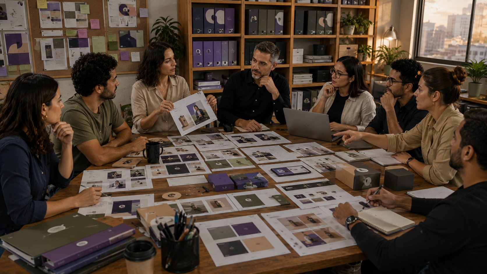 Equipe revisando aplicações e atualizando um manual de marca vivo