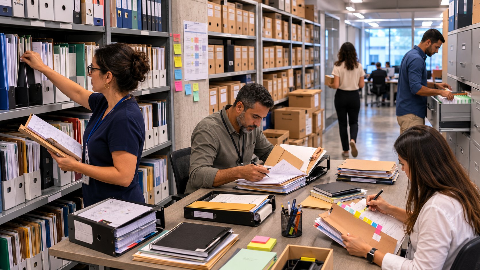 Equipe revisando arquivos, permissões e compartilhamentos antes de implantar o Microsoft Copilot
