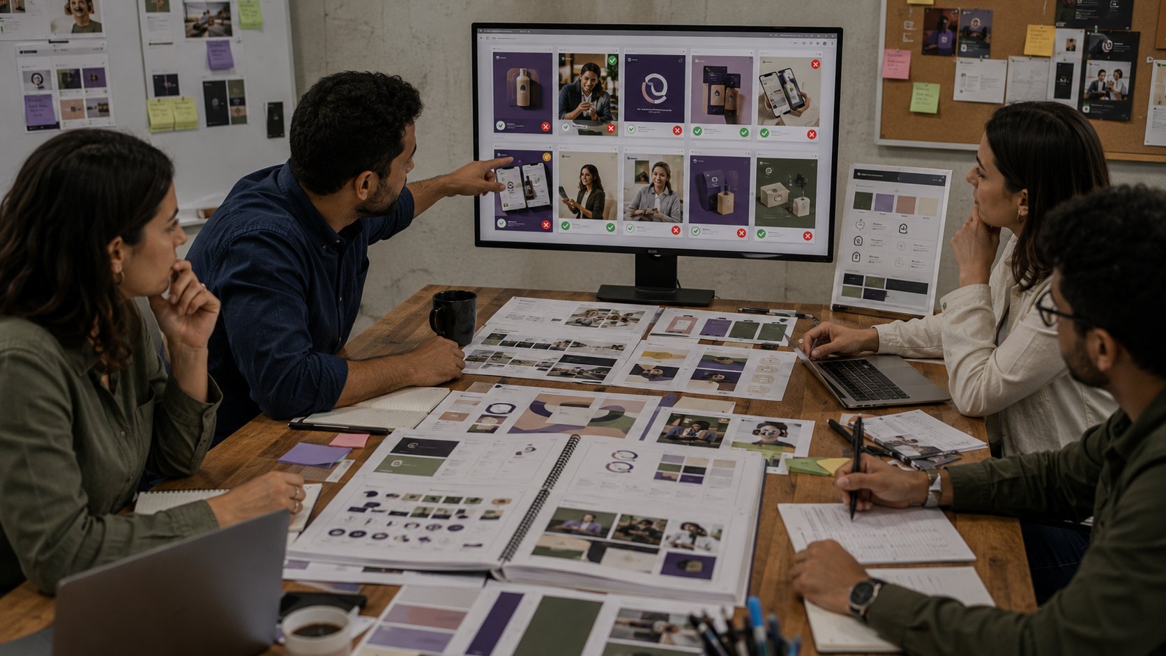 Equipe revisando conteúdos produzidos por inteligência artificial com base no manual de marca