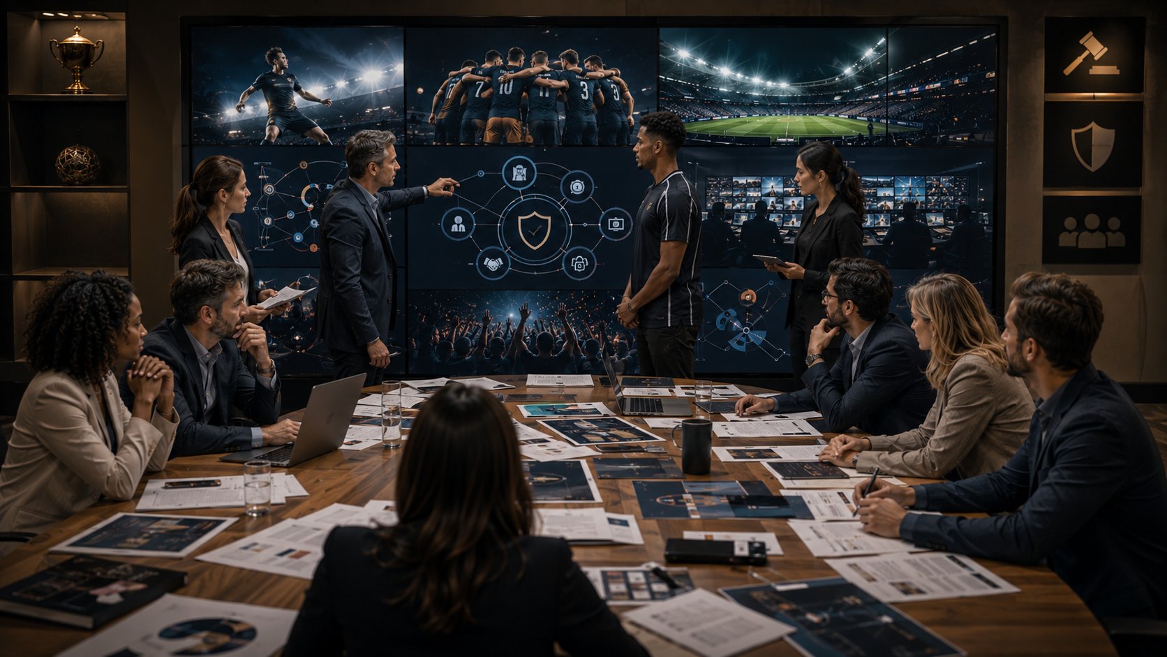 Equipe revisando contratos, direitos de imagem e riscos de marketing esportivo