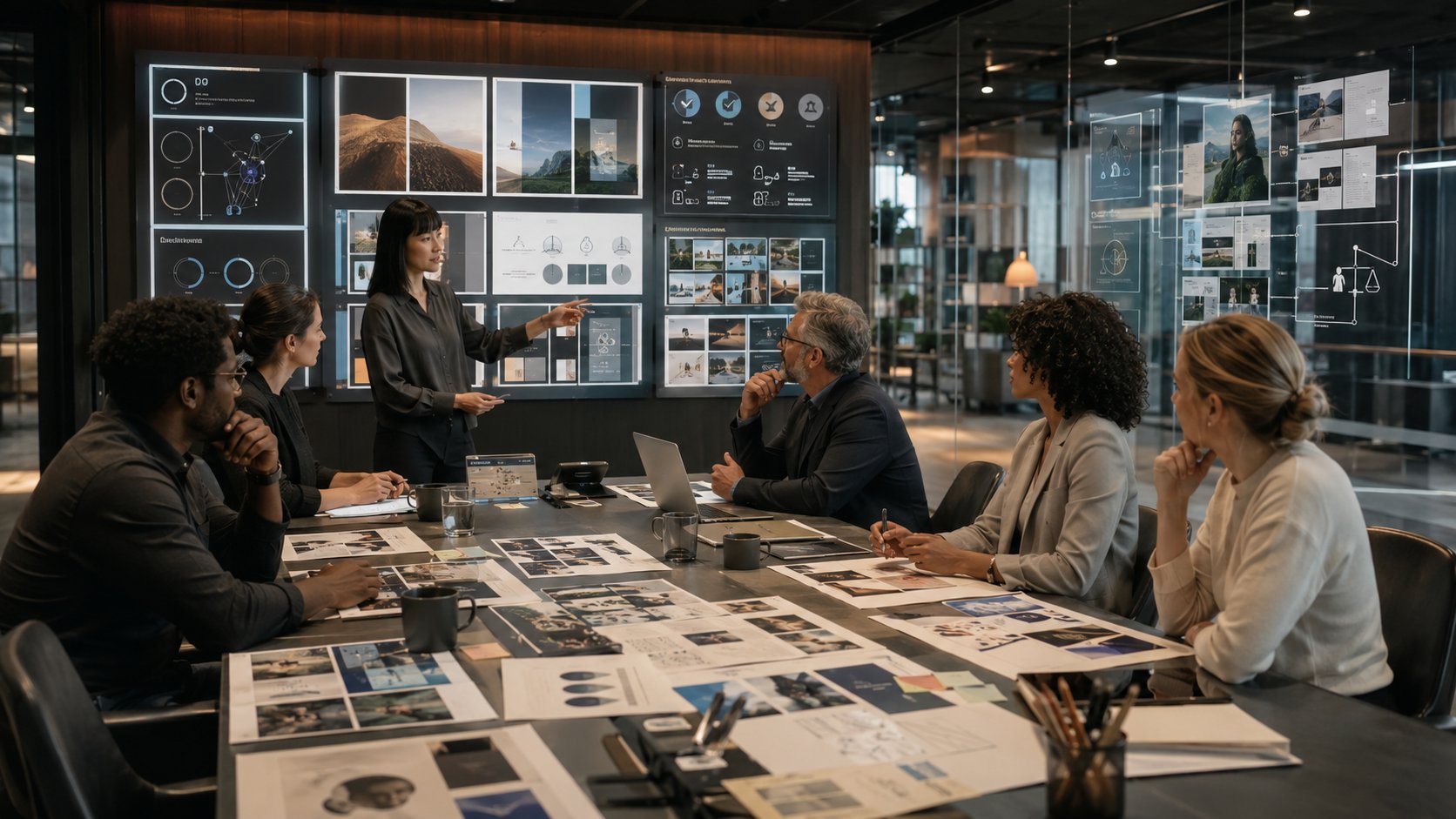 Equipe revisando materiais de marketing produzidos com inteligência artificial no Canva
