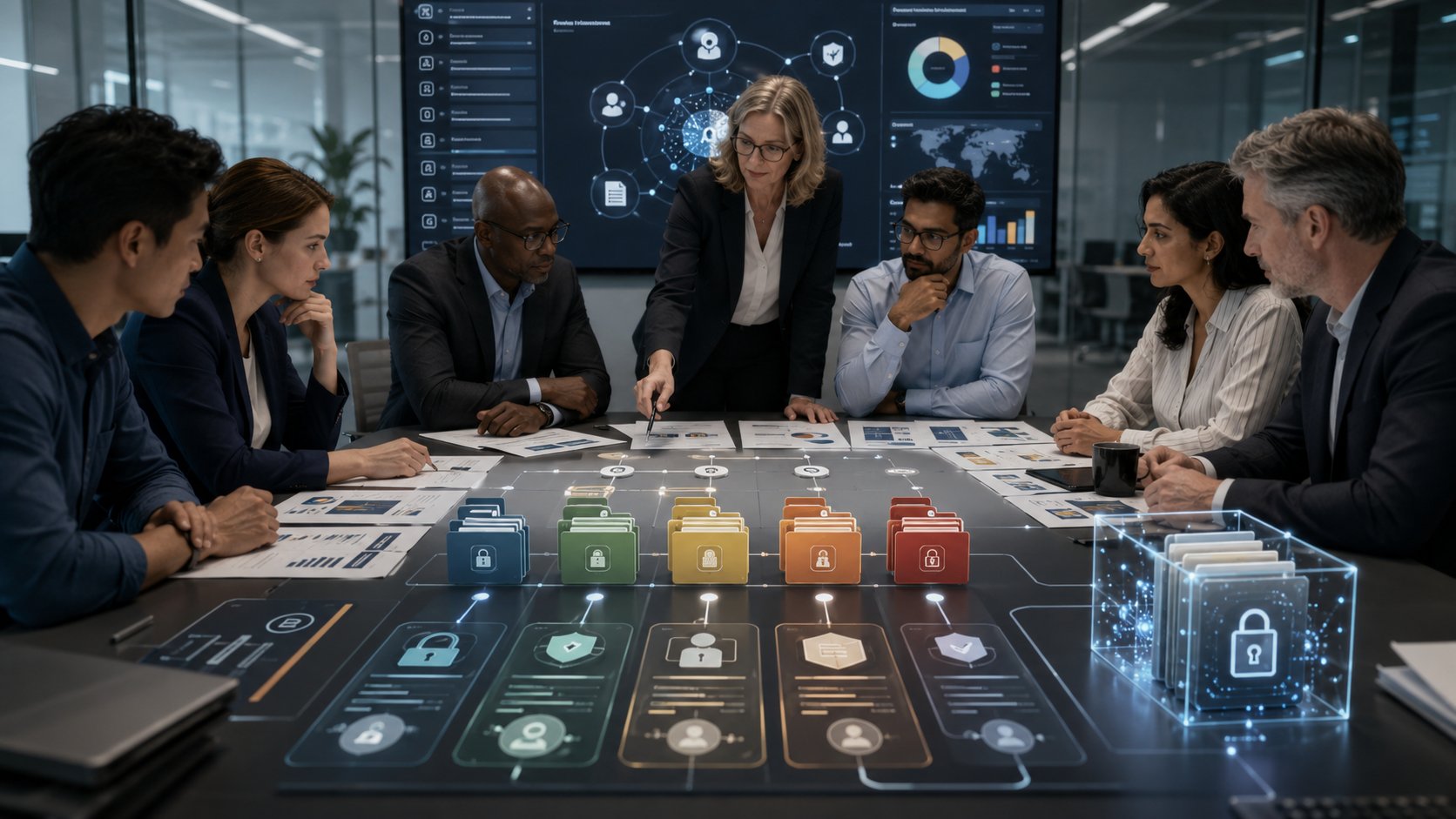Equipe revisando privacidade, qualidade e governança no uso de IA para marketing