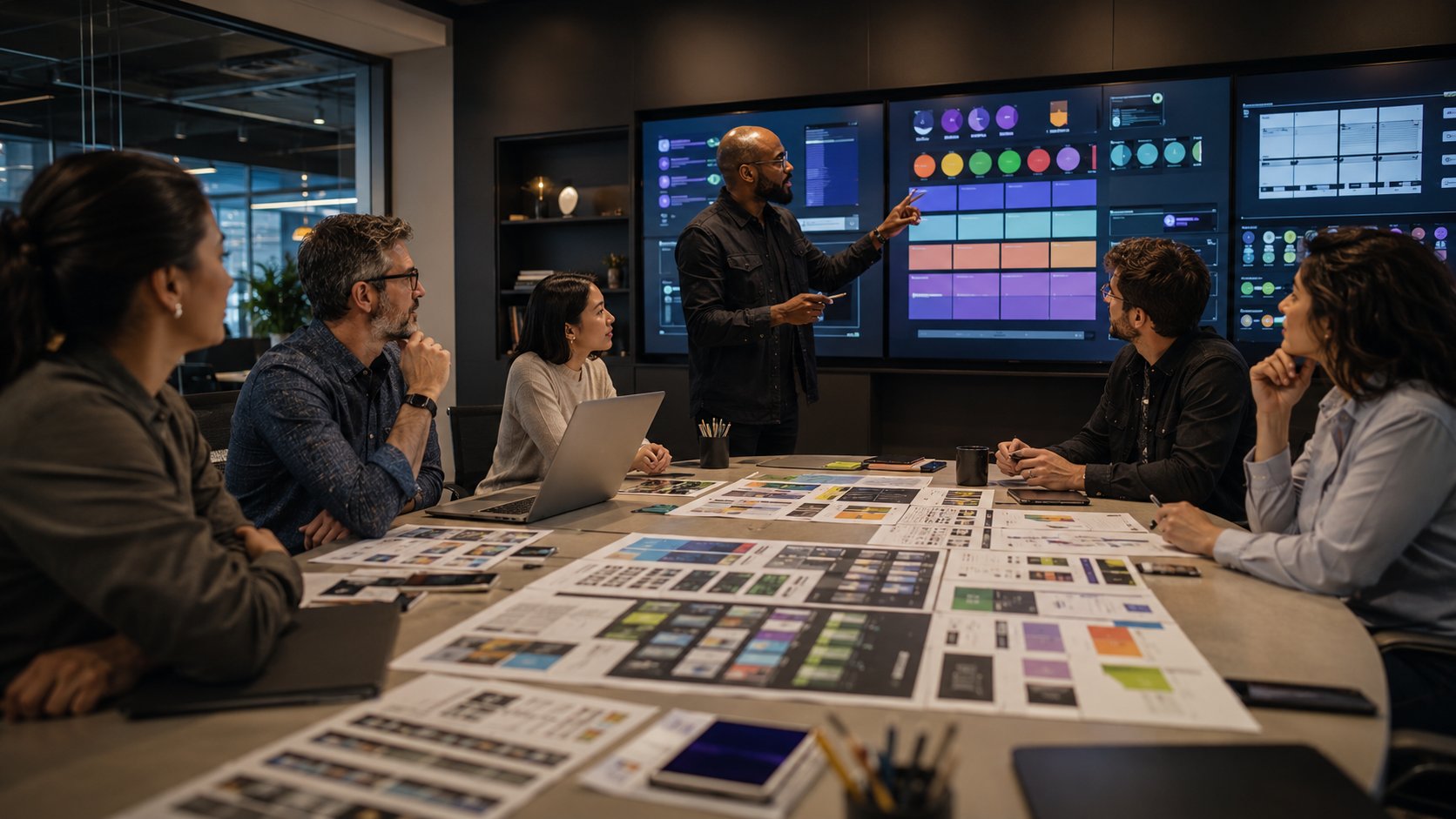 Equipe testando e avaliando prompts de inteligência artificial para marketing