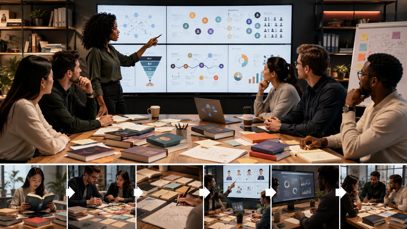 Equipe transformando aprendizados de livros de marketing em estratégias e experimentos
