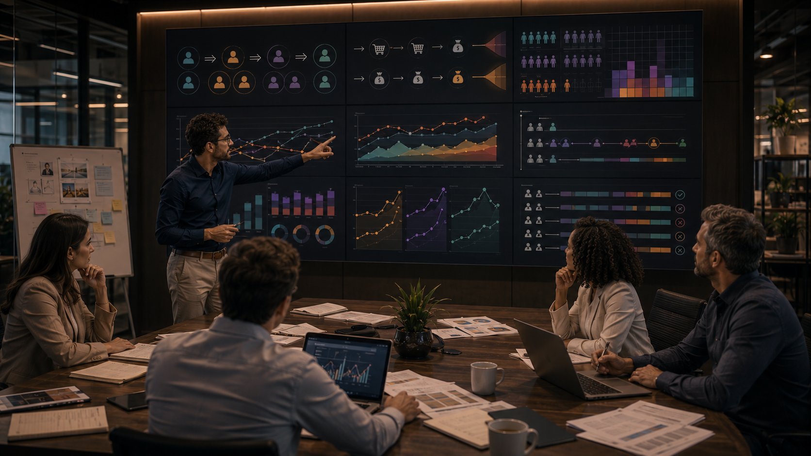 Equipe transformando diagnóstico em objetivos, posicionamento e estratégias de marketing