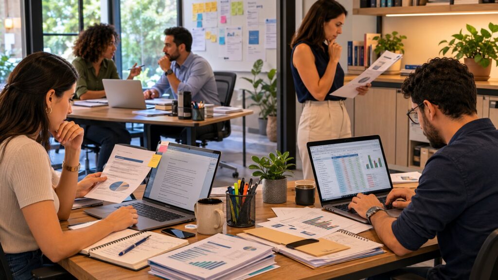 Equipe utilizando Microsoft Copilot em tarefas de documentos, planilhas, reuniões e análise