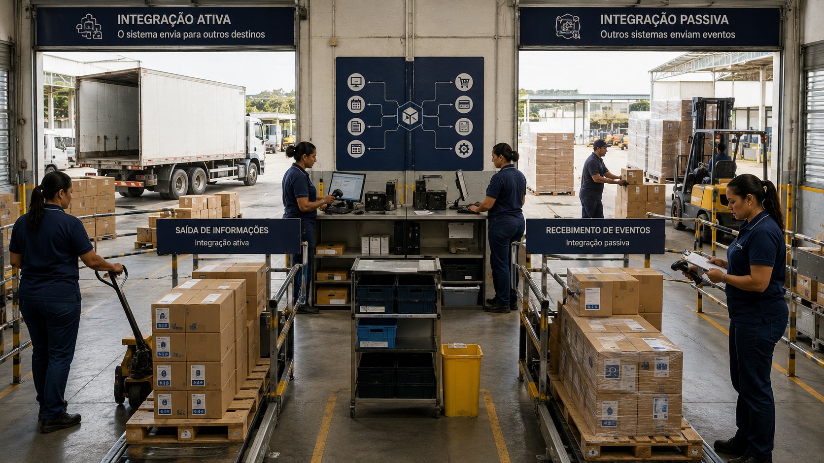 Estrutura logística representando integrações ativas e passivas do BotConversa