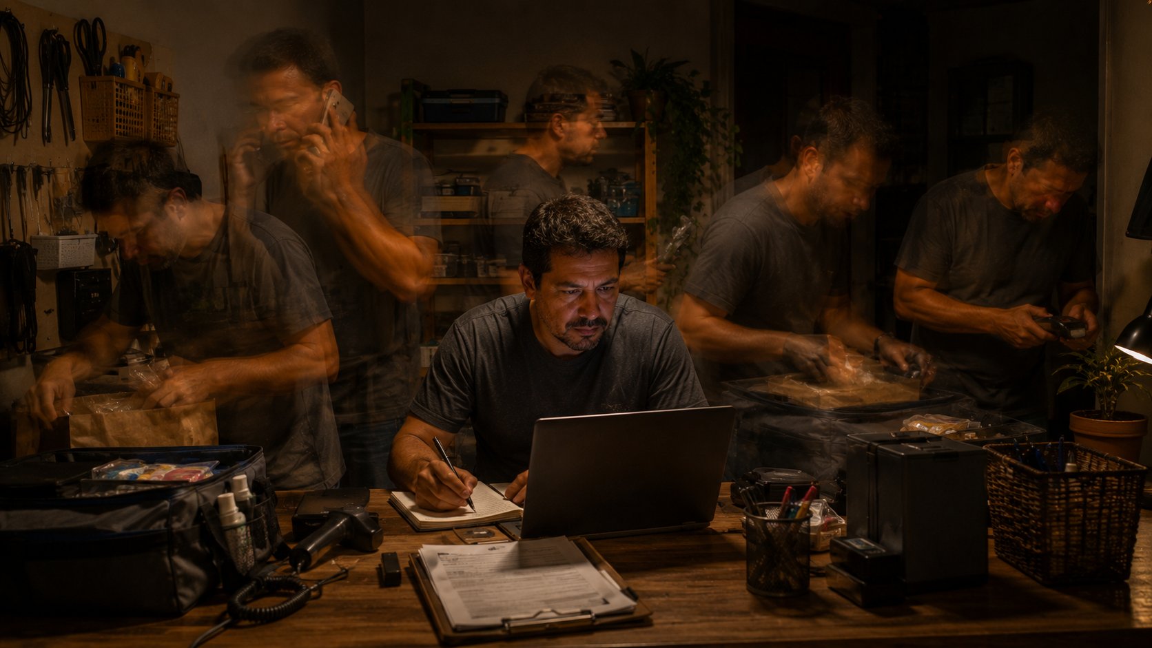 Fotografia de longa exposição mostrando um microfranqueado realizando várias funções