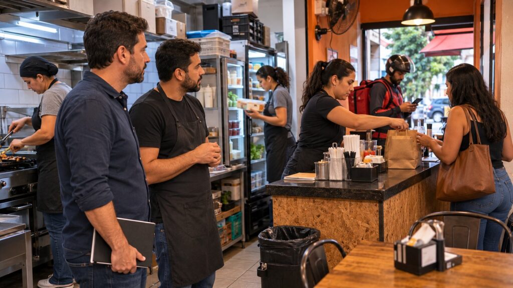 Candidato avaliando a operação real de uma franquia de alimentação compacta-->