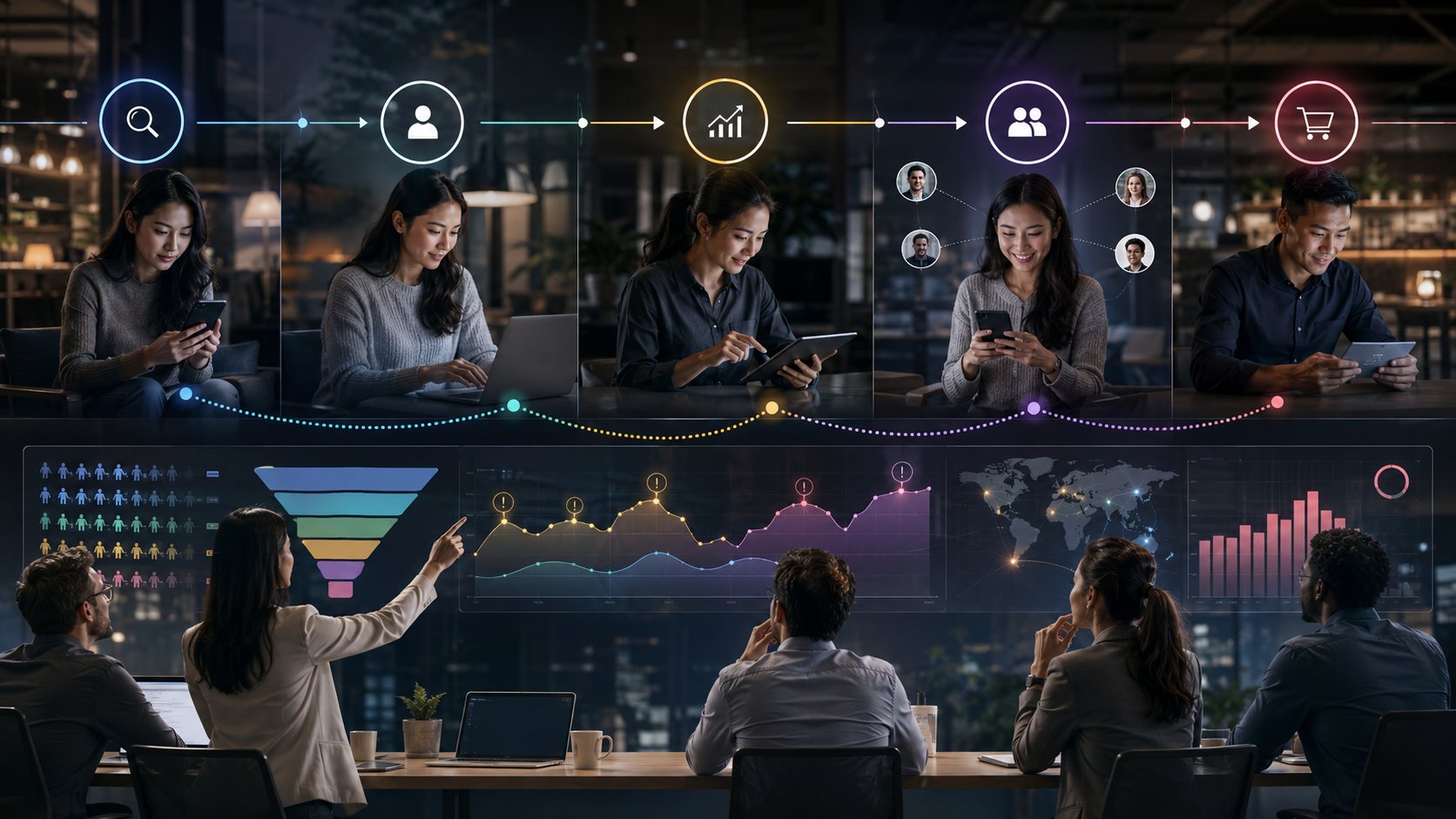 Funil AARRR de growth marketing com aquisição, ativação, retenção, indicação e receita
