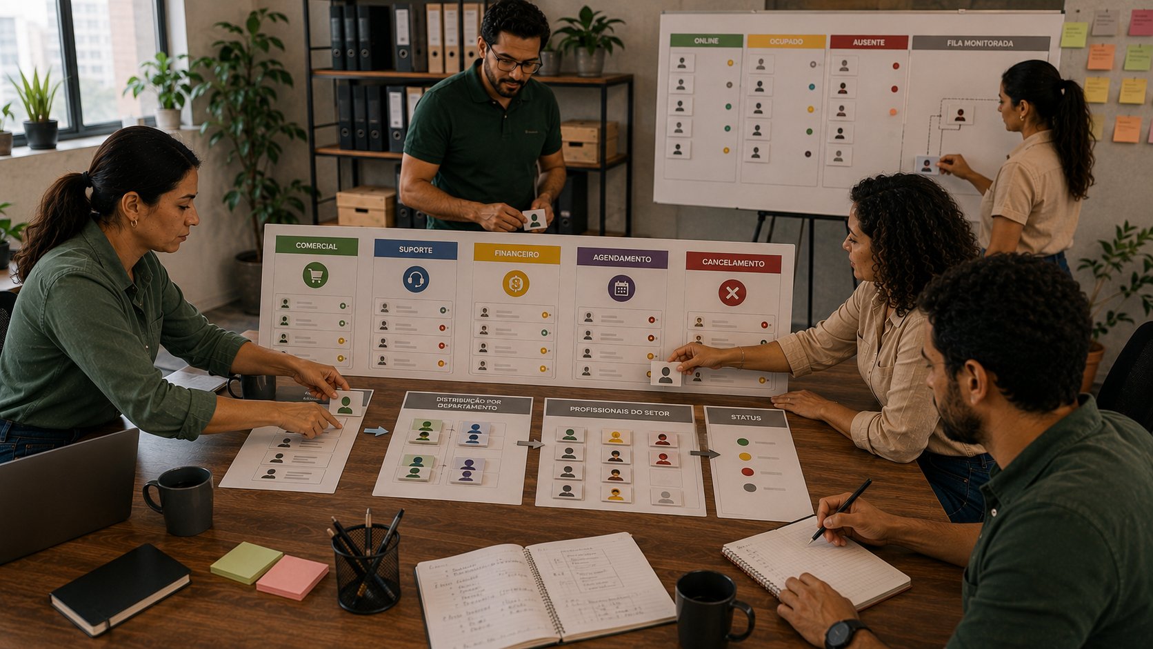 Gestora configurando departamentos e distribuição de atendimento no WhatsApp